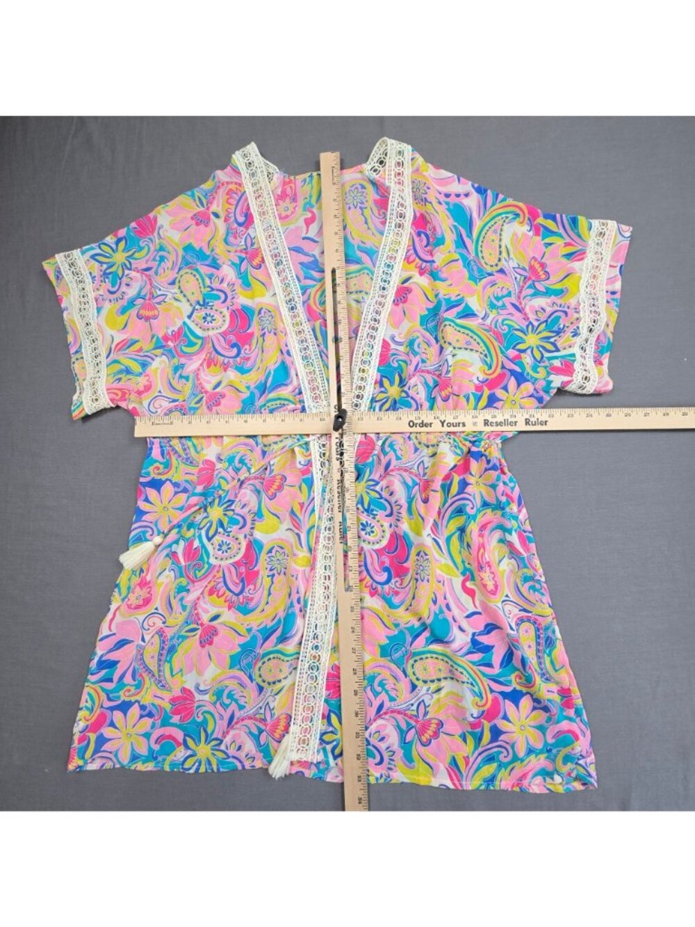 Small Kimono Swim Cover M/L Multicolor Paisley Floral Lace Trim Boho Colorful - Picture 3 of 3